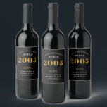 20th Birthday Name 2005 Black Gold Elegant Chic Wine Label<br><div class="desc">2005 Vintage 20th Birthday Black & Gold Elegant Wine Label. Celebrate your milestone with our exclusive birthday wine label. The meticulously designed label with stunning black and gold hues effortlessly enhances the visual appeal of your favourite wine. The year prominently featured on the label, adds a nostalgic throwback to the...</div>
