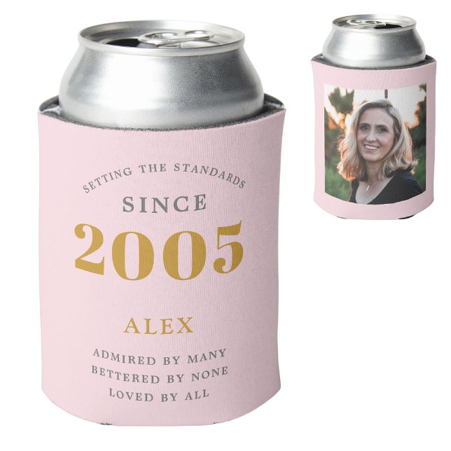 20th Birthday Name 2005 Chic Pink Grey Photo Can Cooler (Personalized pink 20th birthday can cooler with custom photograph and name.)