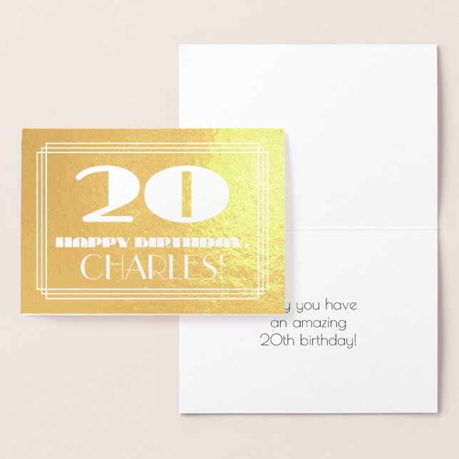 20th Birthday: Name + Art Deco Inspired Look "20" Foil Card (Display)