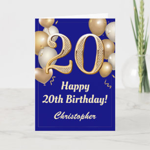 20th Birthday Navy Blue and Gold Balloons Confetti Card