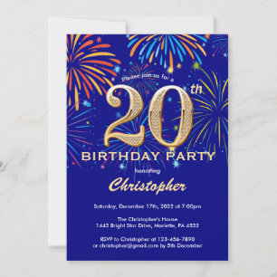 20th Birthday Navy Blue and Gold Rainbow Fireworks Invitation
