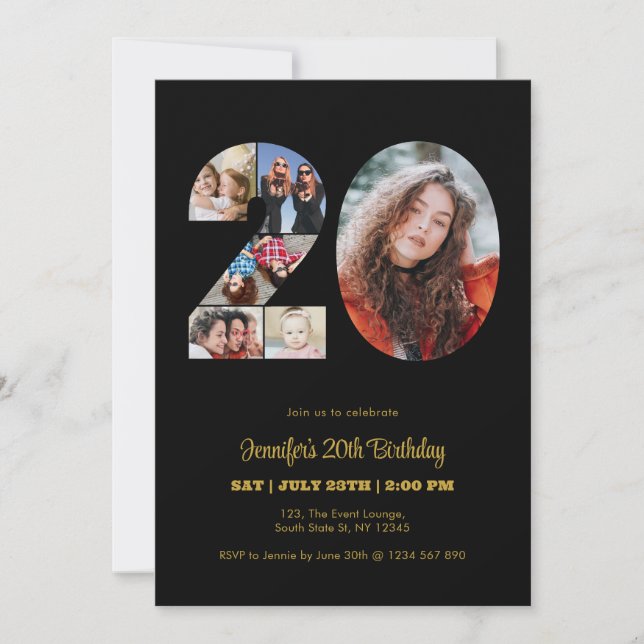 20th Birthday Number 20 Photo Collage Modern Black Invitation (Front)