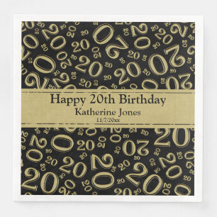 20th Birthday Number Number Pattern Gold/Black Napkin
