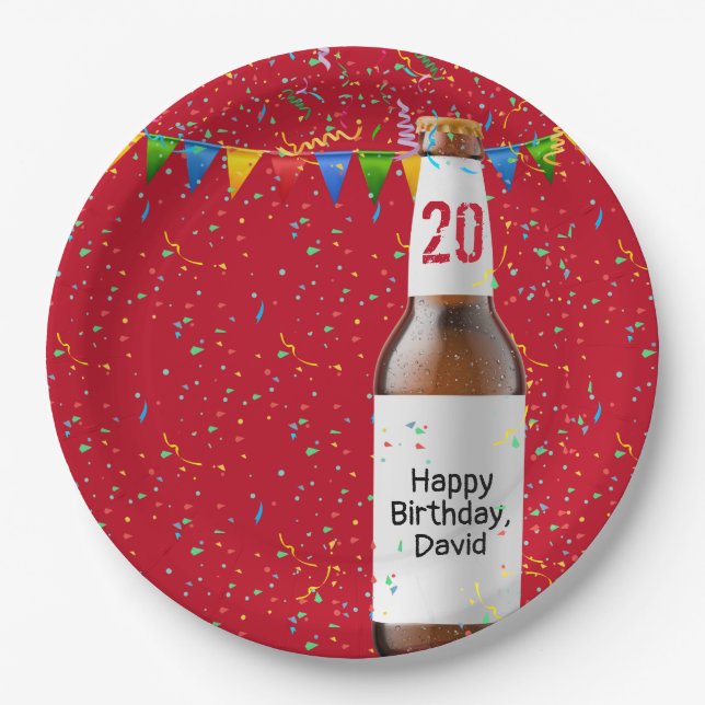 20th Birthday Party Beer Bottle Paper Plate (Front)