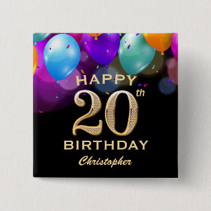 20th Birthday Party Black and Gold Balloons 15 Cm Square Badge
