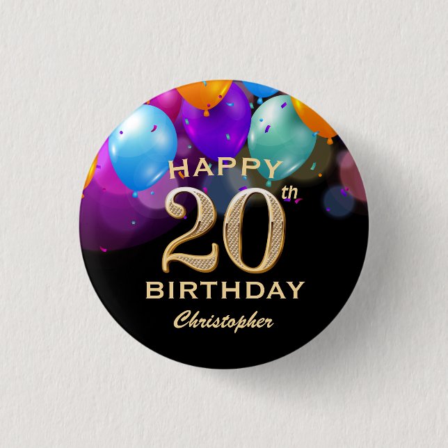 20th Birthday Party Black and Gold Balloons 3 Cm Round Badge (Front)