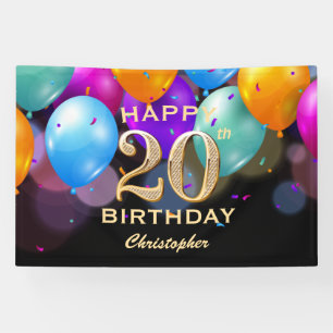 20th Birthday Party Black and Gold Balloons Banner