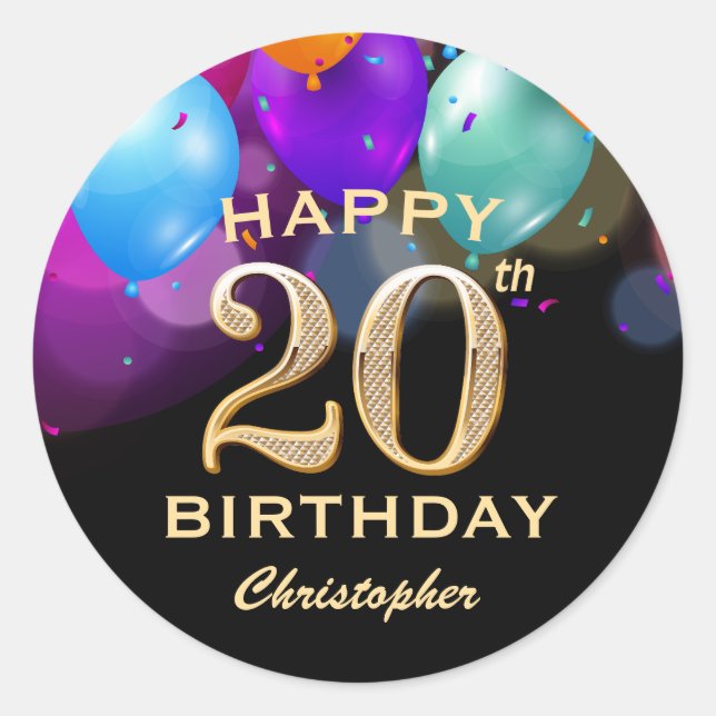 20th Birthday Party Black and Gold Balloons Classic Round Sticker (Front)
