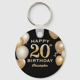 20th Birthday Party Black and Gold Balloons Key Ring