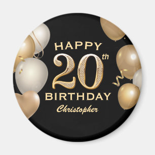 20th Birthday Party Black and Gold Balloons Magnet