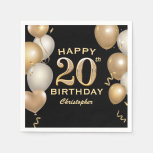 20th Birthday Party Black and Gold Balloons Napkin