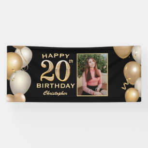 20th Birthday Party Black and Gold Balloons Photo Banner