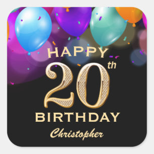 20th Birthday Party Black and Gold Balloons Square Sticker