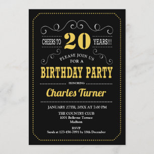 20th Birthday Party - Black Gold White Invitation