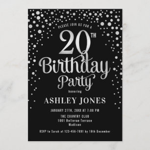 20th Birthday Party - Black & Silver Invitation