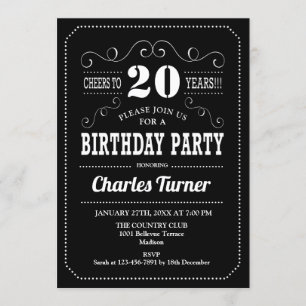20th Birthday Party - Black White Invitation