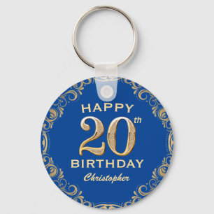 20th Birthday Party Blue and Gold Glitter Frame Key Ring