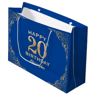 20th Birthday Party Blue and Gold Glitter Frame Large Gift Bag