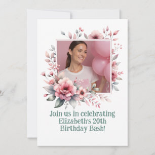 20th Birthday Party Custom Photo Floral Frame Invitation