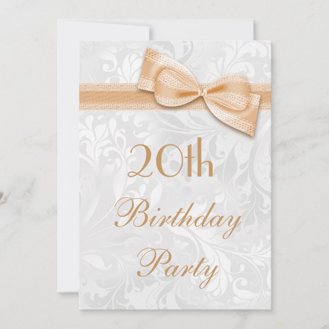 20th Birthday Party Damask and Faux Bow Invitation (Front)