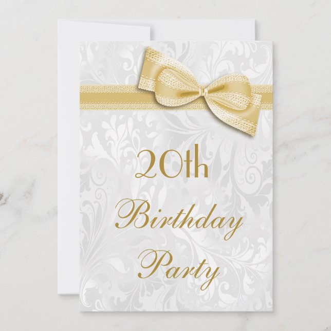 20th Birthday Party Damask and Faux Bow Invitation (Front)
