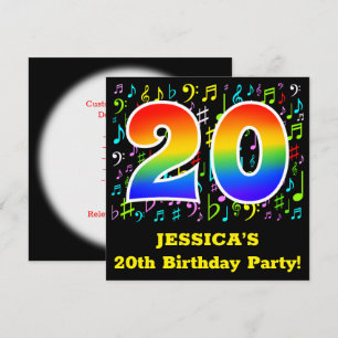 20th Birthday Party: Fun Music Symbols, Rainbow 20 Invitation