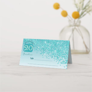 20th Birthday Party Glam Teal Blue Glitter Place Card