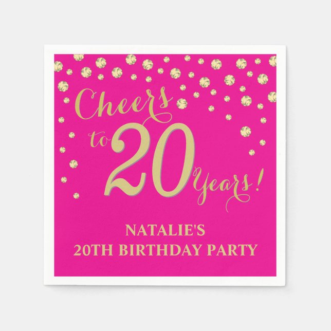 20th Birthday Party Hot Pink and Gold Diamond Napkin (Front)