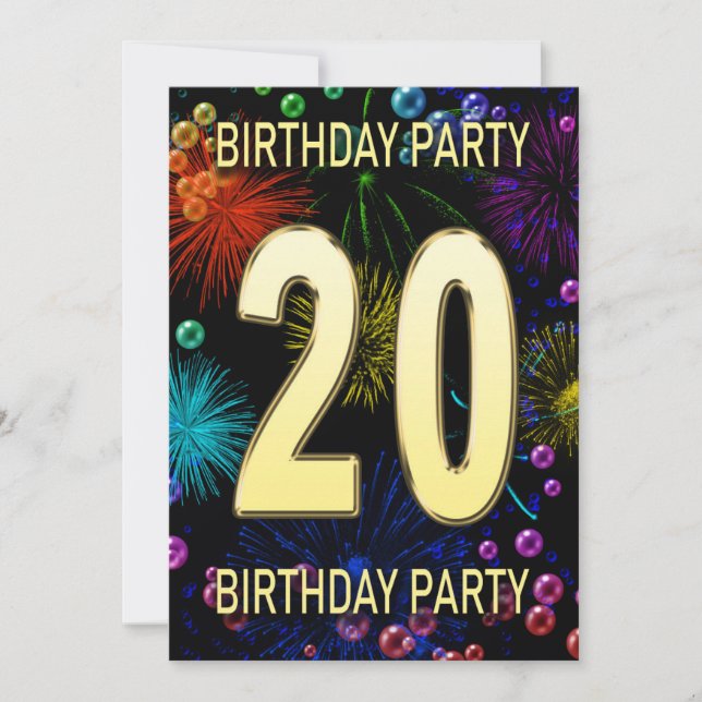 20th Birthday Party Invitation Fireworks Bubbles (Front)