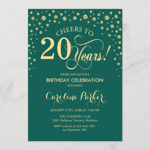 20th Birthday Party Invitation - Gold Green