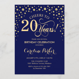 20th Birthday Party Invitation - Gold Navy Blue