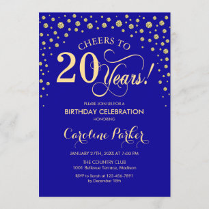 20th Birthday Party Invitation - Gold Royal Blue