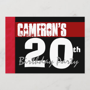 20th Birthday Party Modern Red Black and White Invitation