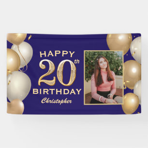 20th Birthday Party Navy Blue and Gold Balloons Banner