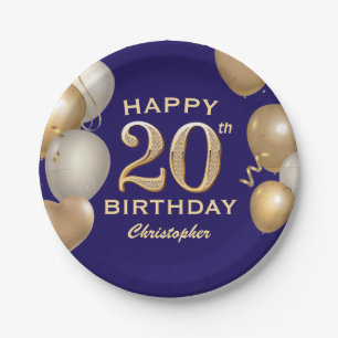 20th Birthday Party Navy Blue and Gold Balloons Paper Plate