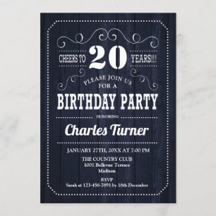 20th Birthday Party - Navy Wood Pattern Invitation