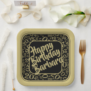 20th Birthday Party Number Pattern Black Gold Paper Plate