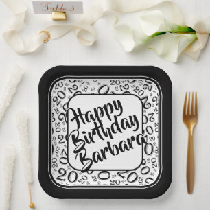 20th Birthday Party Number Pattern Black White Paper Plate