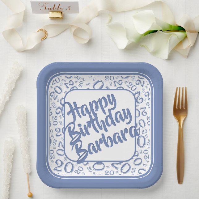 20th Birthday Party Number Pattern Blue White Paper Plate (Wedding)
