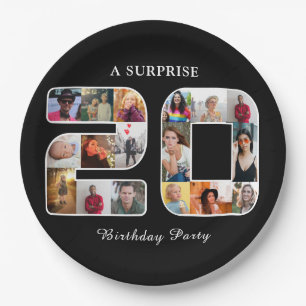 20th Birthday Party Photo Collage Black Paper Plate