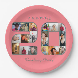 20th Birthday Party Photo Collage Blush Pink Paper Plate