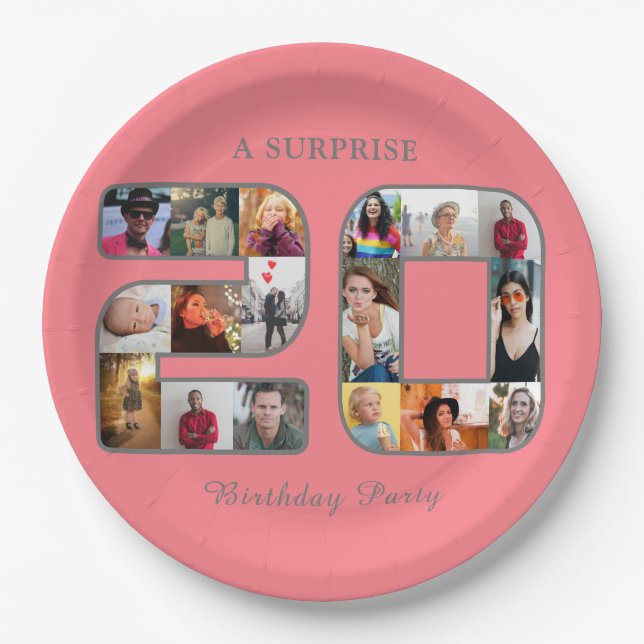 20th Birthday Party Photo Collage Blush Pink Paper Plate (Front)
