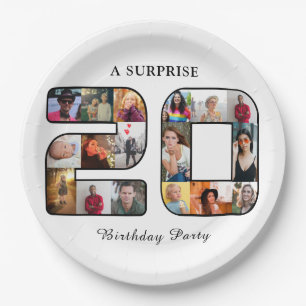 20th Birthday Party Photo Collage White Paper Plate
