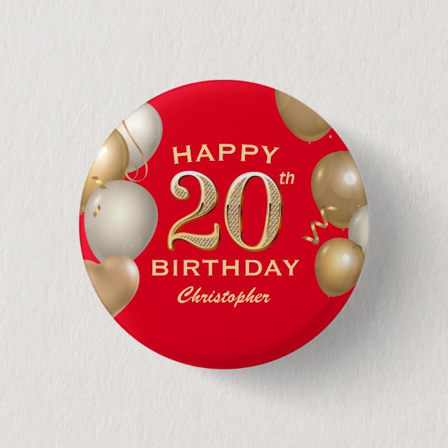 20th Birthday Party Red and Gold Balloons 3 Cm Round Badge (Front)
