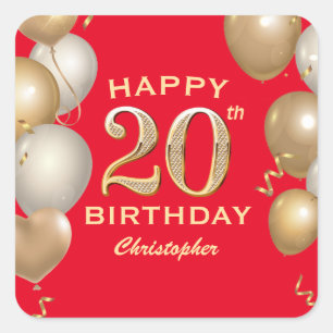 20th Birthday Party Red and Gold Balloons Square Sticker