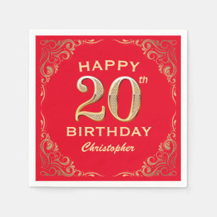20th Birthday Party Red and Gold Glitter Frame Napkin