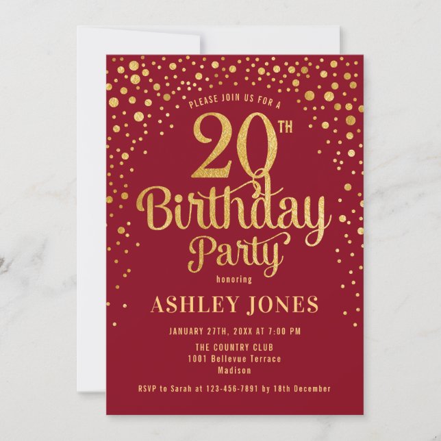 20th Birthday Party - Red & Gold Invitation (Front)