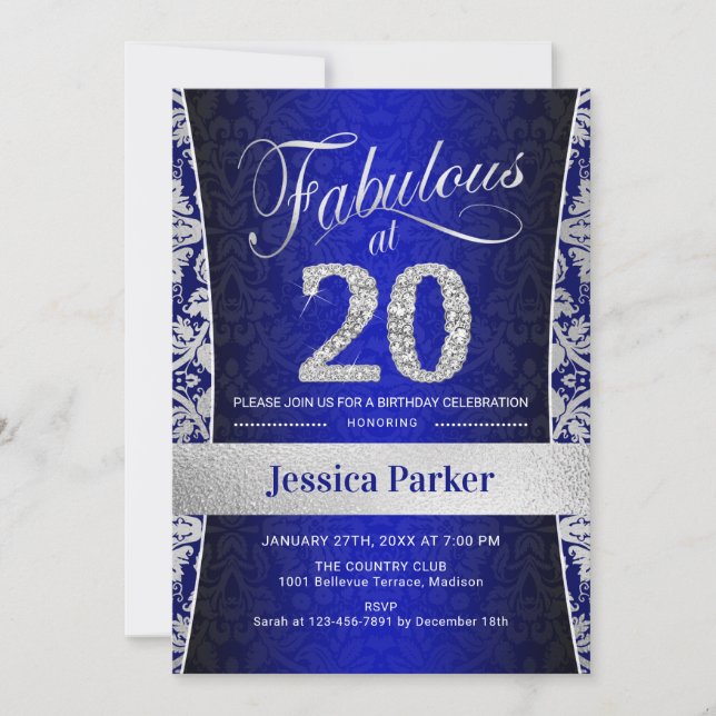 20th Birthday Party - Silver Royal Blue Invitation (Front)