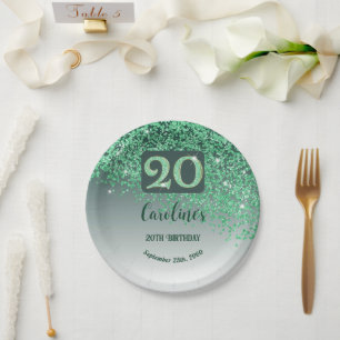 20th Birthday Party Sparkle Green Glitter Paper Plate