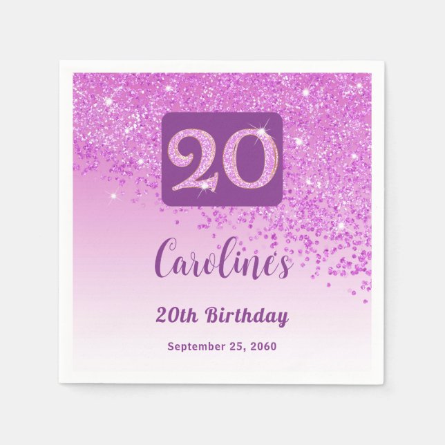 20th Birthday Party Sparkle Pink Glitter Napkin (Front)